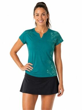 Kuhl Women’s Sz Medium Teal Short-Sleeve V-Notch Active Top with Floral Design